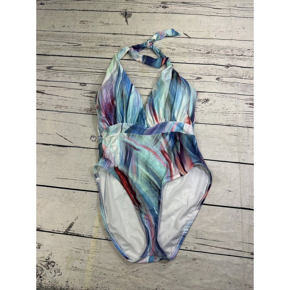 Mynah Womens One Piece Swimsuit Multicolor Abstract Plunge Halter Medium 5351